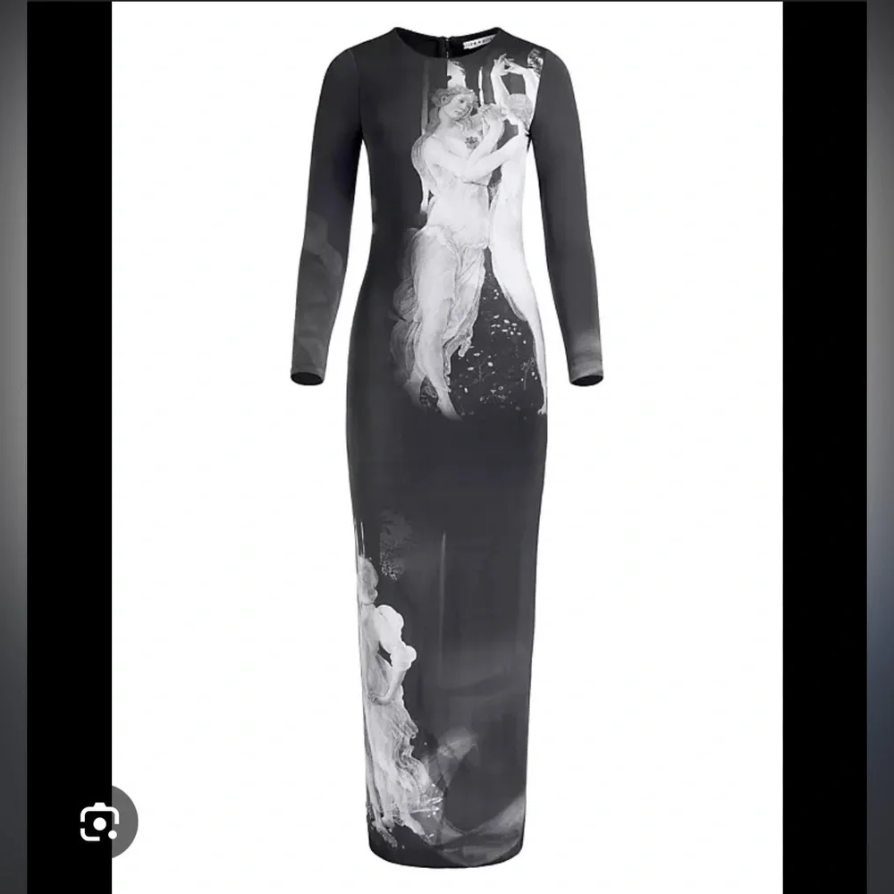 Alice and Olivia-NWT Delora Black White Renaissance Fresco Longsleeve Maxi Dress - Picture 3 of 6